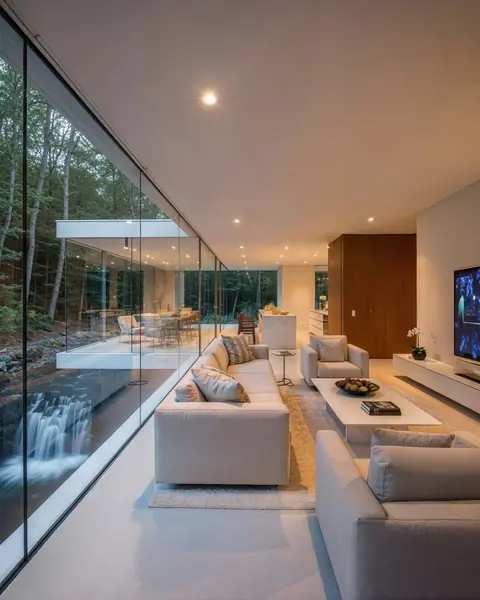 Living room facing a waterfall