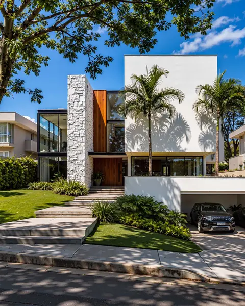 House with stone and palm trees