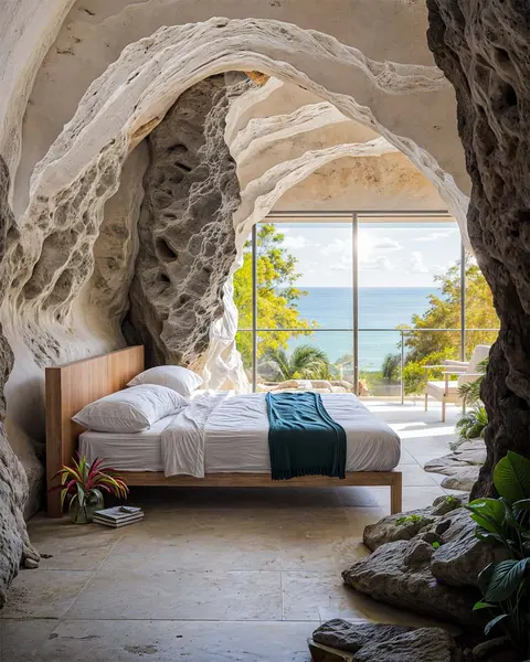 Bedroom carved in rock facing the sea